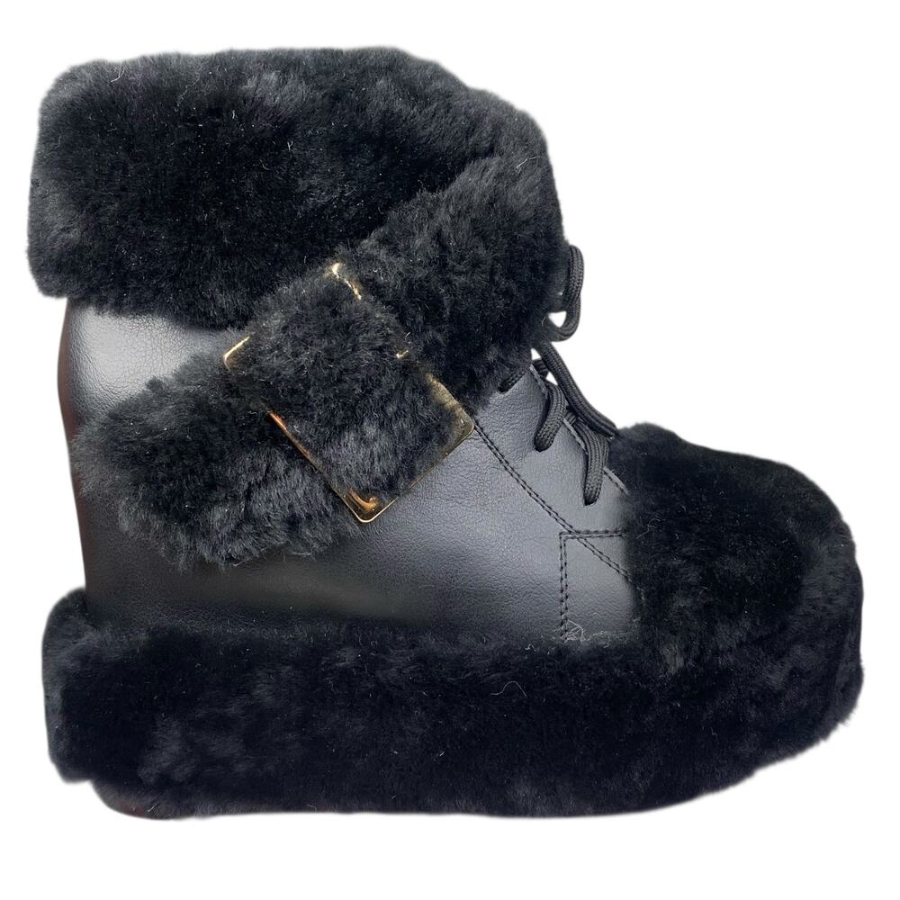 WTF X Anthony Wang Women’s Dialo Black Furry Wedge Boot Size US 8